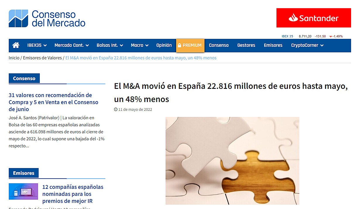 El M&A movi en Espaa 22.816 millones de euros hasta mayo, un 48% menos